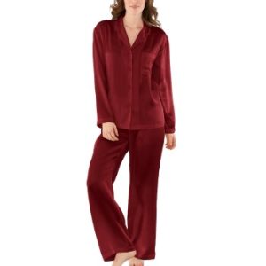 Damella Woven Silk Plain Pyjamas Set Vinrød silke Medium Dame