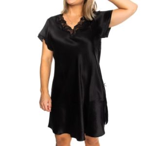 Lady Avenue Pure Silk Nightgown With Lace Sort silke X-Small Dame