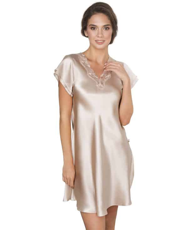 Pure Silk Nightgown w. Lace, Short Sleeve